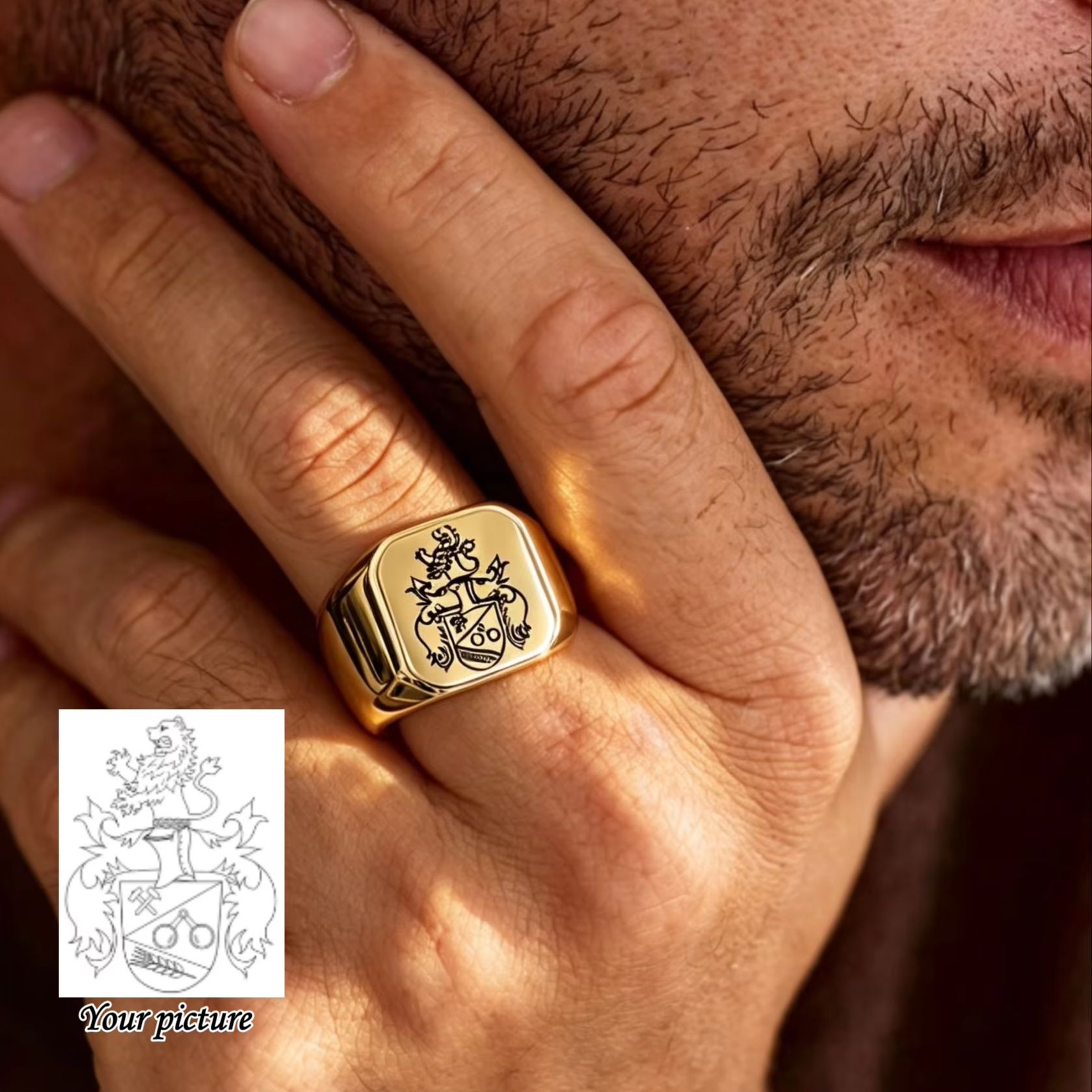 Mens Signet Ring - Anillo de Sello Personalizado con Escudo